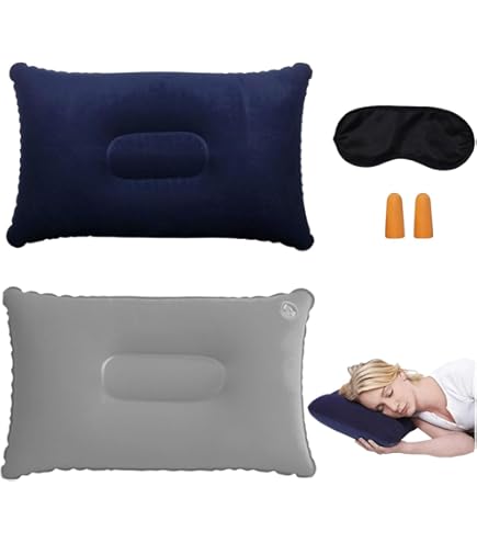 Oreiller Gonflable De Camping, Coussins De Cou Légers Et Doux Floqués - Oreillers Gonflables De Voyage Bleu Foncé