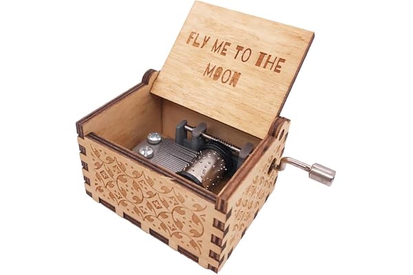 Mini boîte à musique en bois avec manivelle gravée à la main pour Noël, la Saint-Valentin, 18 notes (Fly Me to the Moon)