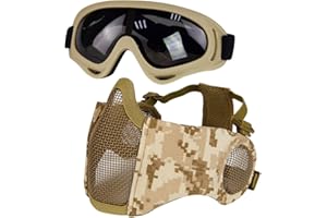 Yzpacc Airsoft - Máscara de Media Cara con Gafas y Sombrero de Parche, máscaras tácticas de Cara Completa, Gorra de béisbol Protectora para Las Orejas para CS Halloween y Juego