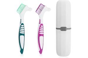 YUXIANLB Zestaw 2 szczoteczek do czyszczenia protez, szczoteczki do czyszczenia zębów z białym etui, wielowarstwowe włosie i ergonomiczny, gumowy uchwyt do pielęgnacji protez, zielony i