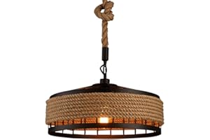 AHQX Lustre Corde De Chanvre Lampe Suspendue en Fer Industriel Rétro Plafonnier Chanvre Rustique Barres De Cage Suspendues Rondes Éclairage Vintage Restaurant Droplights De Chambre À Coucher