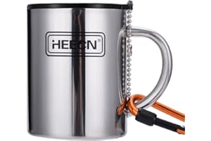 HEECN® Camping Becher Mit Deckel und Karabiner - Edelstahl Tasse - Thermo - Kaffeebecher - Doppelwandige Isolierbecher BPA-frei HESS-038BBK (400 ml mit versiegeltem Trinkdeckel)