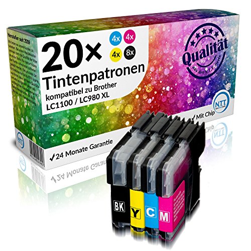 N.T.T.® - 20 STÜCK XL Druckerpatronen kompatibel zu Brother LC1100 LC980 (8x schwarz & je 4x cyan magenta yellow)