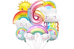 AURASKY Decorazioni Arcobaleno 6 Anni, Palloncini Sole e Nuvole, Numero 6 Grande, Nappa Arcobaleno, Addobbi per Tema Colorato Compleanno Bambini Festa