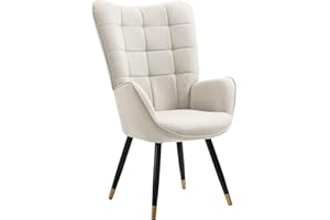 MEUBLE COSY Fotel relaksacyjny z oparciem, tapicerowana, pojedyncza sofa z pozłacanymi metalowymi nogami, fotel z uszami, do salonu, sypialni, biura, Vanity, tkanina, beżowy