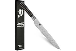 KAI Shun Classic Couteau à Jambon Japonais 23 cm Longueur de Lame avec Bordure Granton - Couteau Damas 32 Couches Noyau VG MAX - 61 (±1) HRC - bois de pakka - Fabriqué au Japon - Forgé