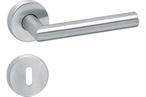 Aperit Maniglia per porta: maniglia in acciaio inox, coppia con rosetta per barba colorata, rotonda, opaca, maniglia per porte interne, modello a T, misura quadrata 8 x 8 mm, 49.330.02