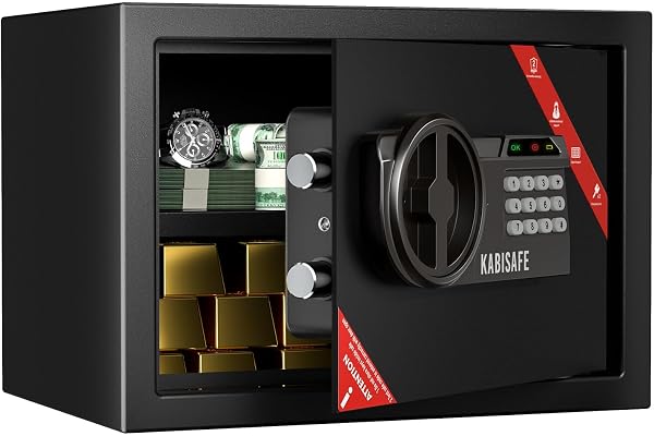 KABISAFE Coffre-fort à code numérique avec alarme et serrure à clé, coffre sécurisé pour maison avec étagère amovible pour bijoux, argent liquide et documents