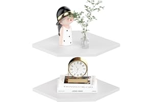 JJL Corner Shelf, 12 Inch Corner Shelf Wall Mounted with Wire Hole, 2 Tier 13.3 Inch Deep Wooden Corner Hanging Shelves for Wall Storage, for Speaker, Cable Box, White