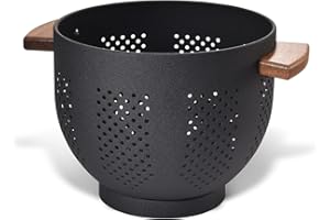 BEIFEIER Passoire en métal avec poignée en bois, revêtement en poudre, passoire en métal de 22 cm, grande passoire de cuisine avec base stable, parfaite pour les pâtes, les fruits, les légumes (noir mat)