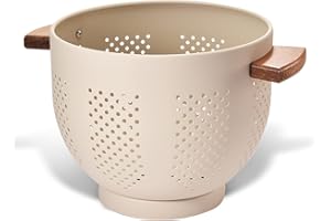 beifeier Passoire Cuisine Avec Manche en Bois et Base Stable, 29 x 22 x 18 cm, Poudre Sûr Alimentaire Enduite, Grande Passoire Métal pour Pâtes, Légumes et Fruits​​ (jaune sable)