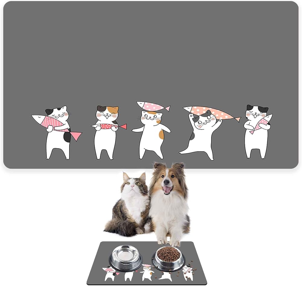 Monnhein Mama ve Su Evcil Hayvan Beslenme Matı, Kolay Temizlenen Emici Su Geçirmez Kumaş, Küçük Orta Boy ve Büyük Kedi ve Köpekler için Dayanıklı Köpek Kedi Paspas (40x60, Gri Kediler Balık)