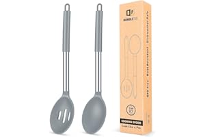 BUNDLEPRO Lot de 2 grandes cuillères de cuisine en silicone, cuillère à badigeonner solide antiadhésive, ustensiles de cuisine résistants à la chaleur pour mélanger, servir, égoutter, remuer (Gris)