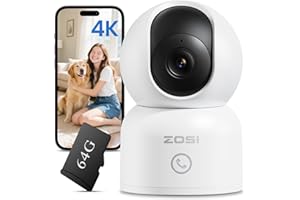 ZOSI 4K Indoor Security Camera, WiFi Pet Camera/Baby Monitor with 64GB Memory Card No Monthly Fee, Human/Pet Auto Tracking, 360° Surveillance Indoor Cam with App, 2-Way Audio, Night Vision