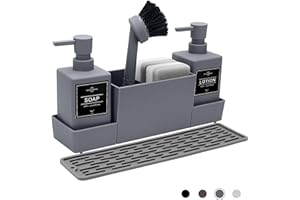 CAUTIOUS Dispenser Sapone Cucina Dosatore, Porta Spugne Lavello con Spazzola Spugna e Sfera d'Acciaio, Organizer per Lavello Grigio, Cucina per Lavello Cucina Organizer per Lavello