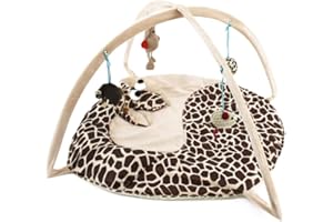 VERTAST Katzen Spielmatte Schlafmatte gepolstertem Zelt – Indoor Kuschelbett rutschfeste Unterlage mit hängenden Spielzeug & Bällen für Aktivität & Entspannung (Giraffe)