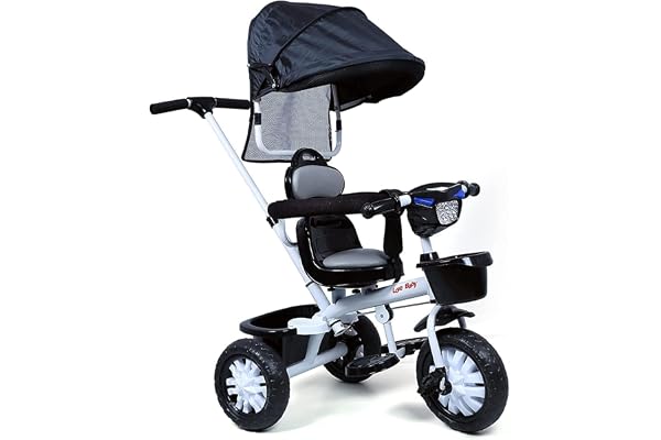 kidsROAR Stroller Tricycle For Kids For 1 Year+ 2 Year+ Baby Cycle With Rotational Leather Seat Light Music Removable Canopy Push Handle 4 In 1 Baby Cycle For 1 Year Kids (573R), Black