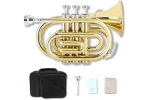 WUQIMUSC Messing Pocket Trompete Bb Schlüssel vernickelt mit Mundstück 7C, Reinigungsset, Tragetasche, Handschuhe für Anfänger/Studenten (Golden)