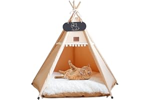 Whiwhi Tipi Zelt für Haustiere Hundezelt Katzenzelt mit Kissen Waschbar Haustierzelte Häuser Hundehöhle und Haustierhäuser Wegklappen Haustier Zelt Möbel 60x60x70cm