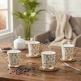 Femora Premium Vintage Golden Print Ceramic Coffee & Tea Cup Set of 4, 180 ML