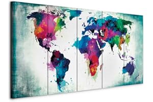 murando - Tableau décoratif Carte du monde 225x90 cm - Impression sur toile colorée - Décoration murale - Cartes de continents colorés à l'aquarelle du monde moderne k-A-0247-b-p