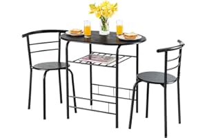 HOMASIS 3-Teilige Essgruppe Set mit Weinregal, Küchentisch & Stühle aus Holz & Metall, Esszimmerstühlen mit Rückenlehnen, Esstisch Set Sitzgruppe für Küche & Esszimmer (Schwarz)