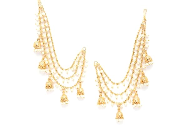 ZENEME Gold-Plated White Pearl Drop Ear Chain Earrings for Women & Girls | Traditional Long Ear Chain with Pearl Tassel Detai