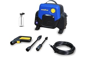 Goodyear – Hidrolimpiadora de Alta Presión Compacta 1400W, 100 Bar Máx, Caudal 4,5 L/min, Sistema Auto-Stop, Incluye Kit de Detergente 200ml, Manguera 5m y Filtro de Agua