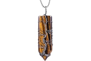 Nupuyai Tree of Life Healing Crystal Point Pendant Necklace for Women Men, Wire Wrap Amulet Stone Pendant Jewelry