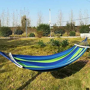 Lariox Camping Hammock, Striped Canvas Fabric Portable Garden Hammocks Ultralight Outdoor Beach Swing Bed with Wooden Strong Rope