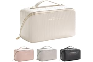 EMOTTOS Neceser de Viaje a Rayas, Neceser de Maquillaje Portátil Multifuncional de Piel de PU, Neceser de Gran Capacidad con Asa para Mujeres, Niñas(Beige)