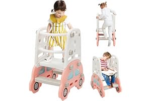EULEUY Toddler Learning Tower,Mini Kitchen Step Stool for Kids with Safety Bar,Learning Standing Tower With Stickers,Bathroom Helper Montessori,Easy to Install,Gifts For Girls Boys(Pink Cute Car)