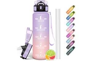 HoneyHolly Gourde 1l, Étanches, Gourde Paille, sans BPA & Réutilisable, Bouteille, Motivation Bouteille d'eau, Avec Marqueur de Temps, Water Bottle pour Gym, Ecole, Cyclisme, Plein air, Sport