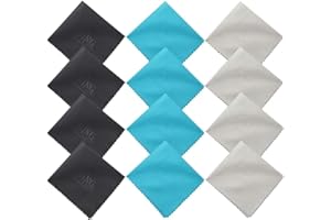 KING OF FLASH Superfine Microfiber Cleaning Cloths For Mobile Phones, Glasses, Tablets, TV, Sunglasses, Screens, Camera Lens Cleaners - 12 Pack (15 x 18 cm) / Blue, Grey & Black