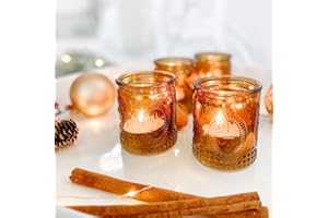 Kate Aspen Vintage Amber Glass Tea Light Candle Holders Set of 4 - Votive Holders for Home Decor, Fall Table Decorations, Bathroom Candles, Kitchen Shelf Decor, and Wedding Centerpieces