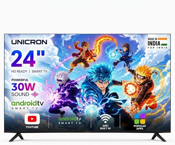UNICRON 24 Inch Android Smart TV, HD+ LED Television with Bazeless Frame, 30 Watt Sound Speaker, WiFi Enabled & IPS A+ Display Panel HDR Support TE