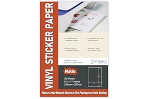 BETCKEY 30 fogli di carta adesiva A4, stampabile, non impermeabile, in vinile opaco, per stampanti a getto d'inchiostro e laser, 210 mm x 297 mm