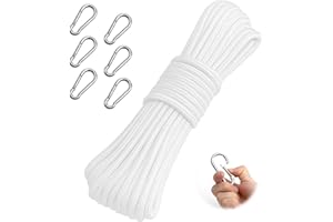 APOMOONS 20m Corde pour Drapeau, 6mm en Polyester RéSistant, Accessoires pour Cordes, avec Crochets, Corde Balancoire Exterieur, avec 6 Crochets en MéTal, pour Drapeau, Jardin, Camping (Blanc)