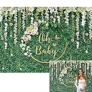 Maijoeyy 7x5ft Oh Baby Backdrop Green Leaves Flowers Backdrop for Boy Girl Baby Shower Gender Neutral Baby Shower Backdrop for Photography Newborn Announce Pregnancy Party Decorations Banner