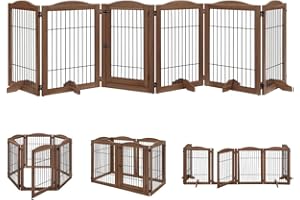 unipaws Extra Wide Dog Gate for Indoor, 6 Panels Freestanding Pet Gate with 5 Support Feet, Wooden Foldable Stairs Barrier (Fits 203cm-330cm, Walnut)