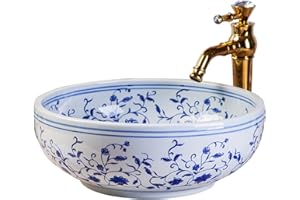 JDZJYBQX Lavabo bleu et blanc en céramique à motifs artistiques, pour plan de travail de salle de bain et de ferme, d'un diamètre de 41 cm.