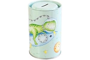 ‎GRÄTZ VERLAG Spardose Kinder aus Blech mit Dino auf Rakete | Sparschbünchse Blechdose Dinosaurier für Jungen | Prima Geschenkidee zu Geburtstag, Einschulung und Anderen Anlässen