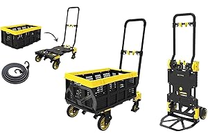 HYTAMA TOOLS Hytama Fold Max 2-en-1 + Panier Pliable empilable Fold Box, Chariot de Transport et Diable Pliant - Capacité de Charge jusqu'à 137 KG - Chariot Pliable - Chariot à roulettes - Noir/Jaune