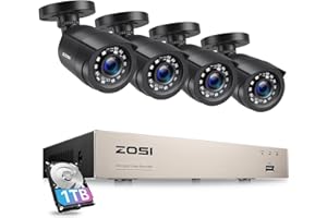 ZOSI Kit de Videovigilancia 5MP Lite 8CH H.265+ Grabador DVR con (4) 1080p Cámara de Seguridad Exterior, Visión Nocturna, Alarma de Movimiento, 1TB Disco Duro