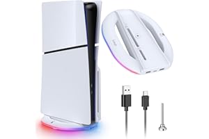 Auarte Soporte vertical RGB para PS5 Slim accesorios con 2 puertos USB (14 efectos de luz), soporte actualizado para Playstation 5 Slim Disc/Digital Nueva Consola, PS5 Slim Stand – No para consola PS5