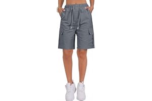 PADOLA Short Femme Été Séchage Rapide Bermuda avec 4 Poches Taille Elastique Shorts de Travail Cordon de Serrage Léger Uni Short Randonnée Pantacourt de Plage Casual Décontracté