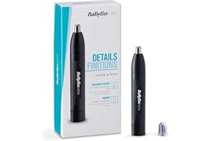 ‎BABYLISS BaByliss Trymer do nosa i uszu - precyzyjny system 2 ostrzy, zasilany bateryjnie, stal nierdzewna, łatwe do czyszczenia zdejmowane nakładki, czarny, E650E