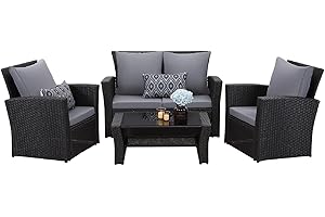 GLP Balcony Furniture Set for 4 People, Polyrattan Garden Furniture Set, Lounge Patio Furniture, Weatherproof with 2-Seater Sofa, Armchair, Coffee Table Cushions, Cushions for Garden, Balcony, Patio,