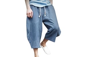 LAOZANA Homme Sarouel 3/4 Shorts Bermudas Pantalon Taille Elastique Baggy Large Pantacourt Décontracté Léger Pantalon en Lin