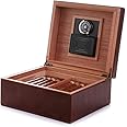 BESTISAN Cigar Humidor, Handcrafted Real Solid Spanish Cedar Wood Tray and Divider, Elegant Leather Cigar Storage Box with Glass Hygrometer and Rectangle Humidifier, Holds 50-100 Cigars, Men's Gift